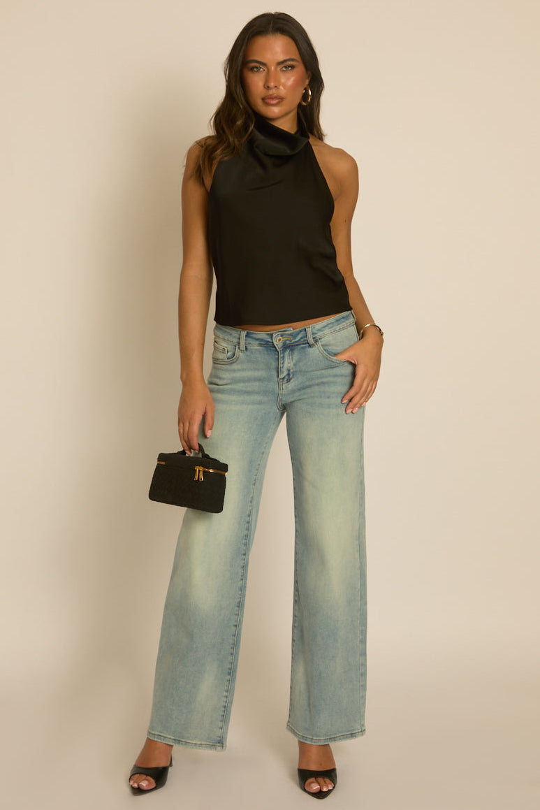 Black Satin High Neck Cowl Top - Dawson