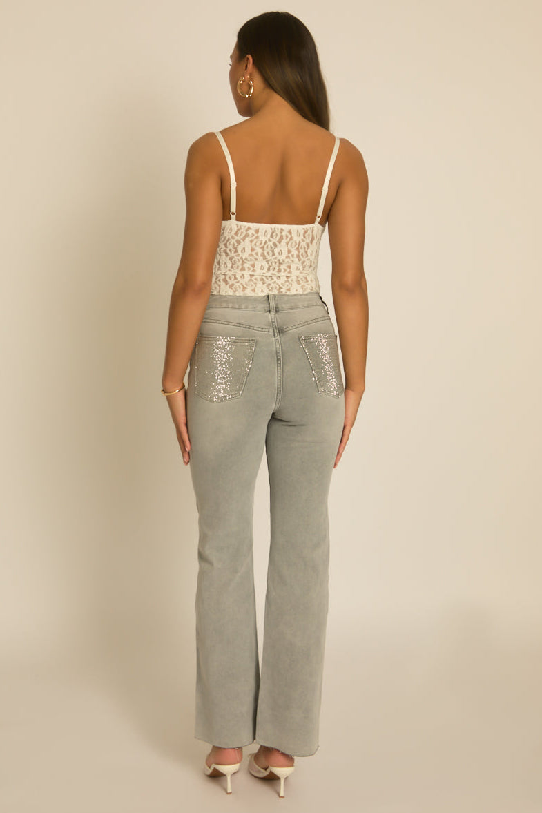 Grey Stretch Hotfix Pocket Detail Jeans - Soraya