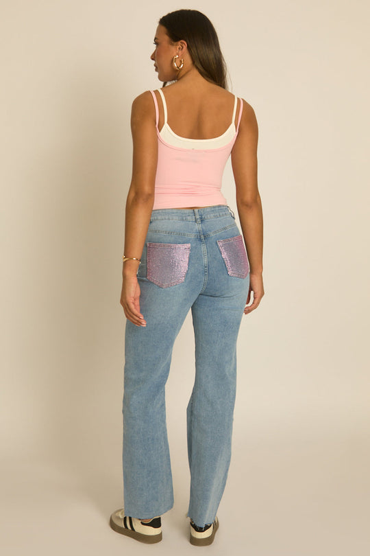 Mid Blue Stretch Hotfix Pocket Detail Jeans - Soraya