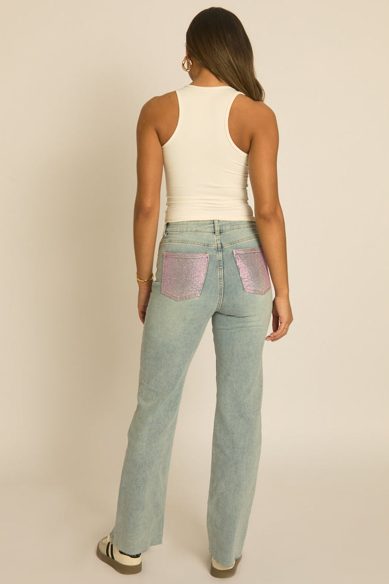 Blue Washed Stretch Hotfix Pocket Detail Jeans - Soraya