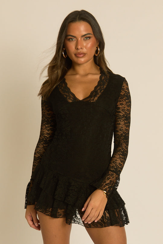 Black Lace Long Sleeve Frill Mini Dress - Amarnia