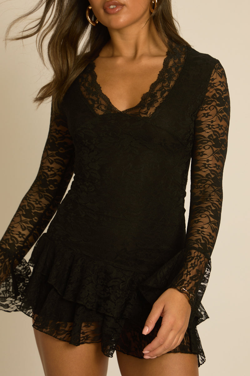 Black Lace Long Sleeve Frill Mini Dress - Amarnia