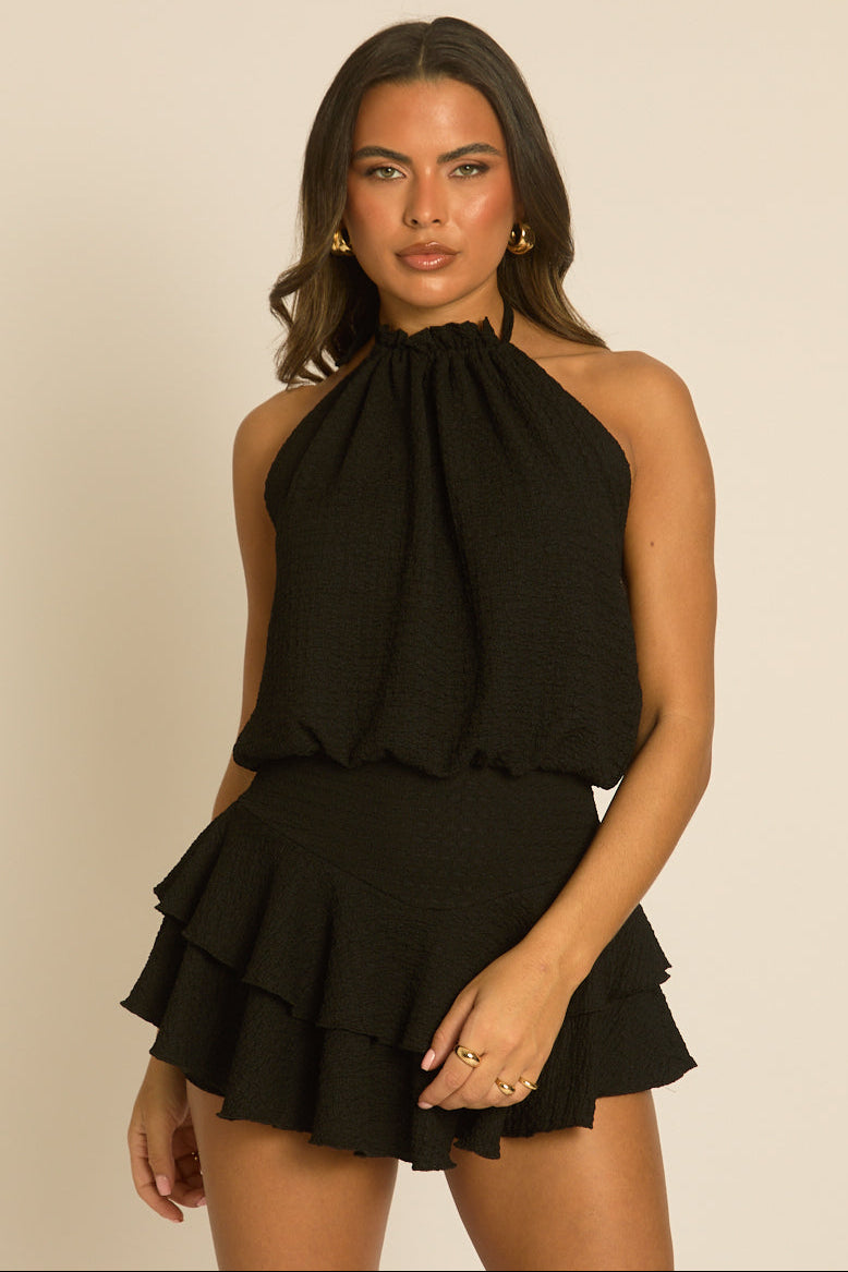 Black Textured Flippy Playsuit - Bernice