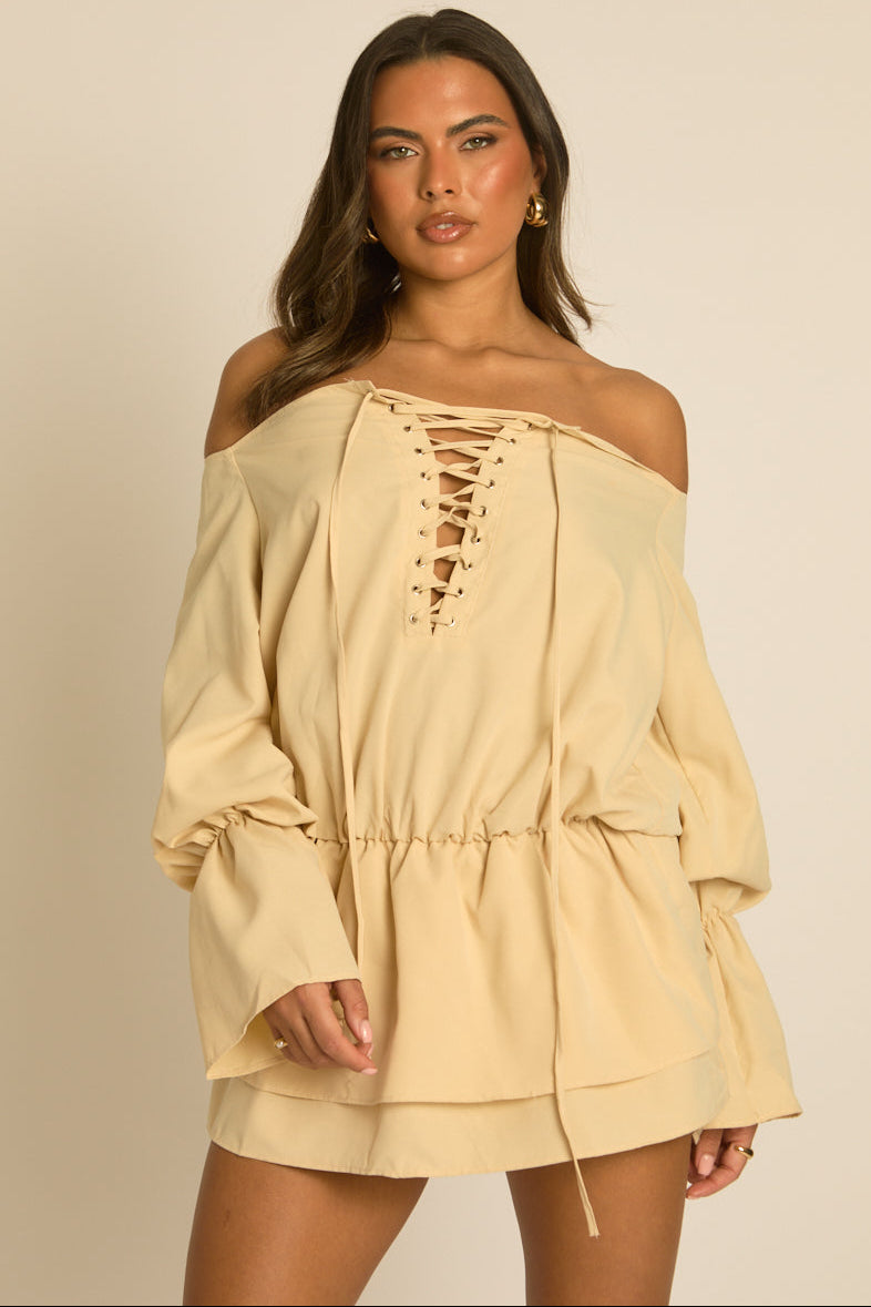 Beige Lace Front Bardot Mini Dress - Sinita
