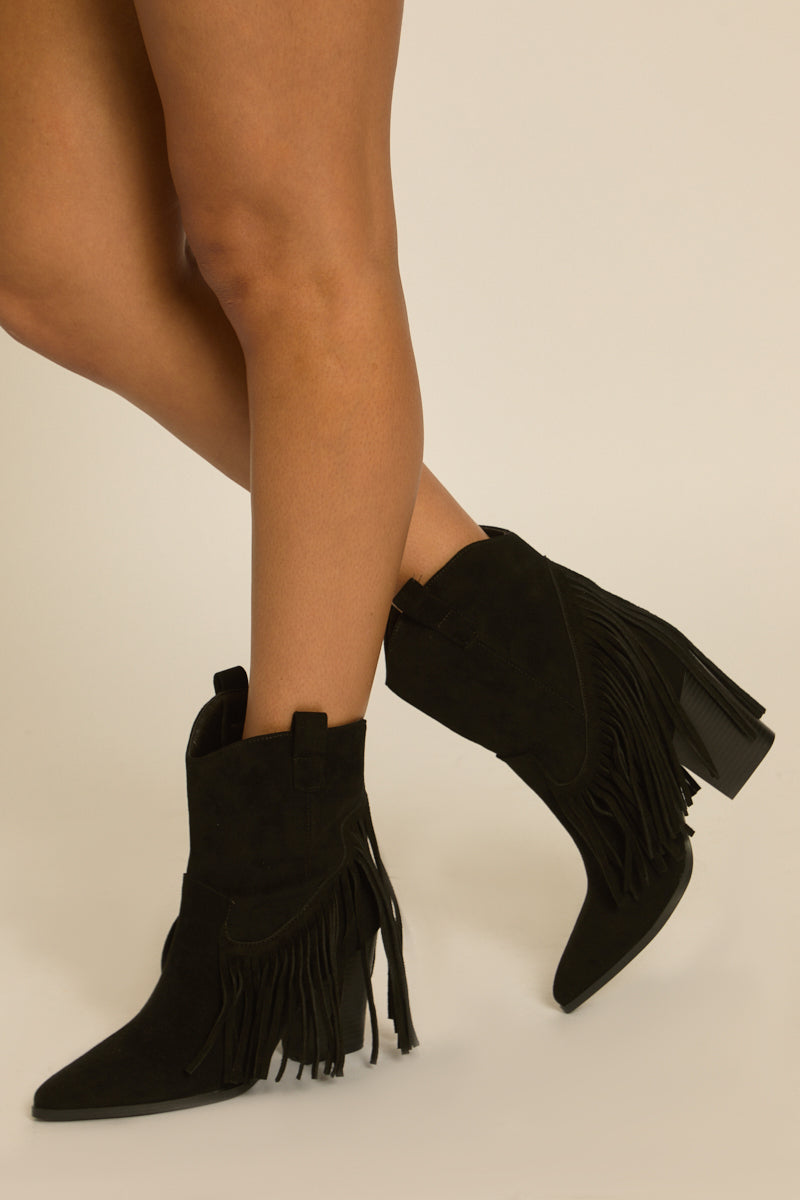 Black Fringed Pointed Toe Cowboy Boots - Lissie