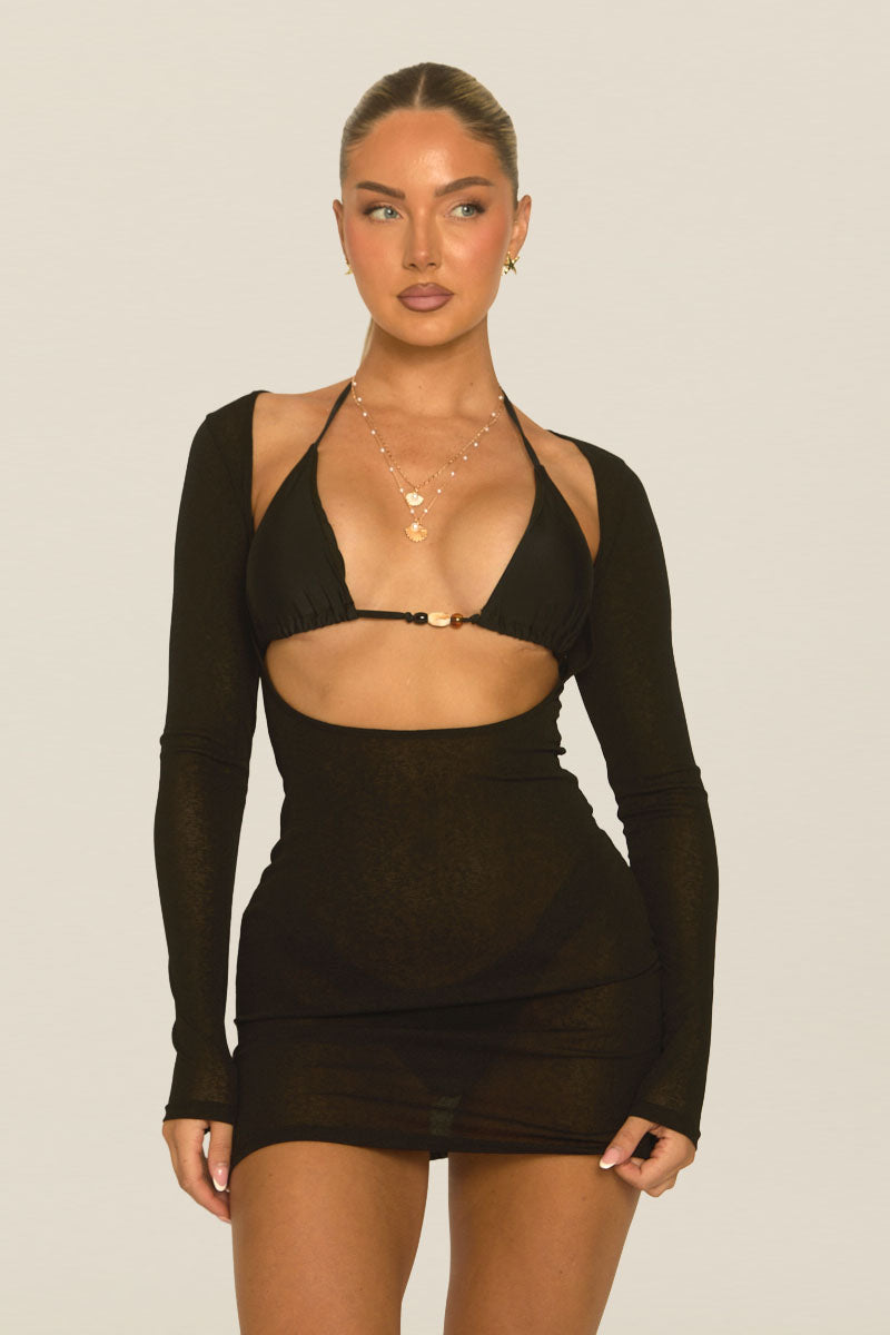 Black Semi Sheer Long Sleeve Reversible Beach Dress | Dresses | Rebellious Fashion Black Semi Sheer Long Sleeve Reversible Beach Dress | Dresses | Rebellious Fashion