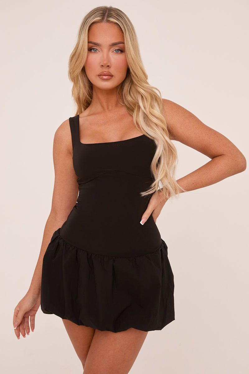 Black Scoop Neck Puffball Mini Dress | Mini Dress | Rebellious Fashion