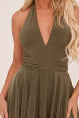 Khaki Halter Plunge Neck Mini Dress - Pippa