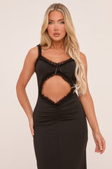 Black Frill Trim Cut Out Front Maxi Dress - Thianna