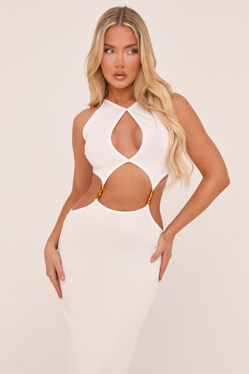 White Cut Out Front Side Slit Maxi Dress
