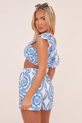 White Floral Print One Shoulder Crop Top & Shorts Co-ord Set - Summer