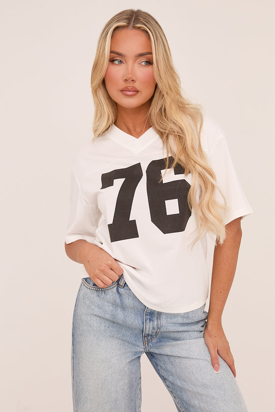 White Oversized Varsity Football Jersey T-shirt - Penelope