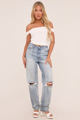 White Slinky Jersey Ruched Bardot Top - Lisa