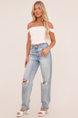 White Slinky Jersey Ruched Bardot Top - Lisa