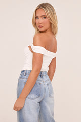 White Slinky Jersey Ruched Bardot Top - Lisa