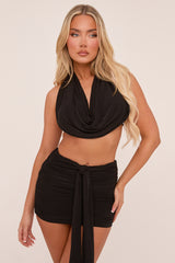 Black Three Piece Cowl Neck Crop Top & Mini Skirt Co-ord Set - Jocelyn