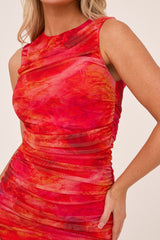 Orange Abstract Print Ruched Bodycon Mini Dress - Phoebe