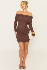 Chocolate Crinkle Bardot Drape Mini Dress - Albian