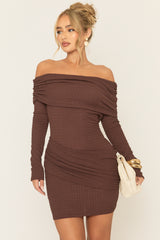 Chocolate Crinkle Bardot Drape Mini Dress - Albian