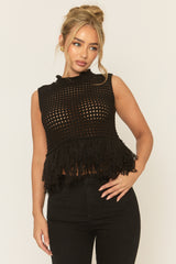 Black Knitted Fringed Hem Top - Elliott