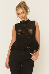 Black Knitted Fringed Hem Top - Elliott
