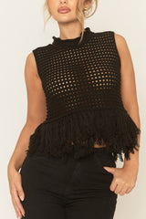 Black Knitted Fringed Hem Top - Elliott