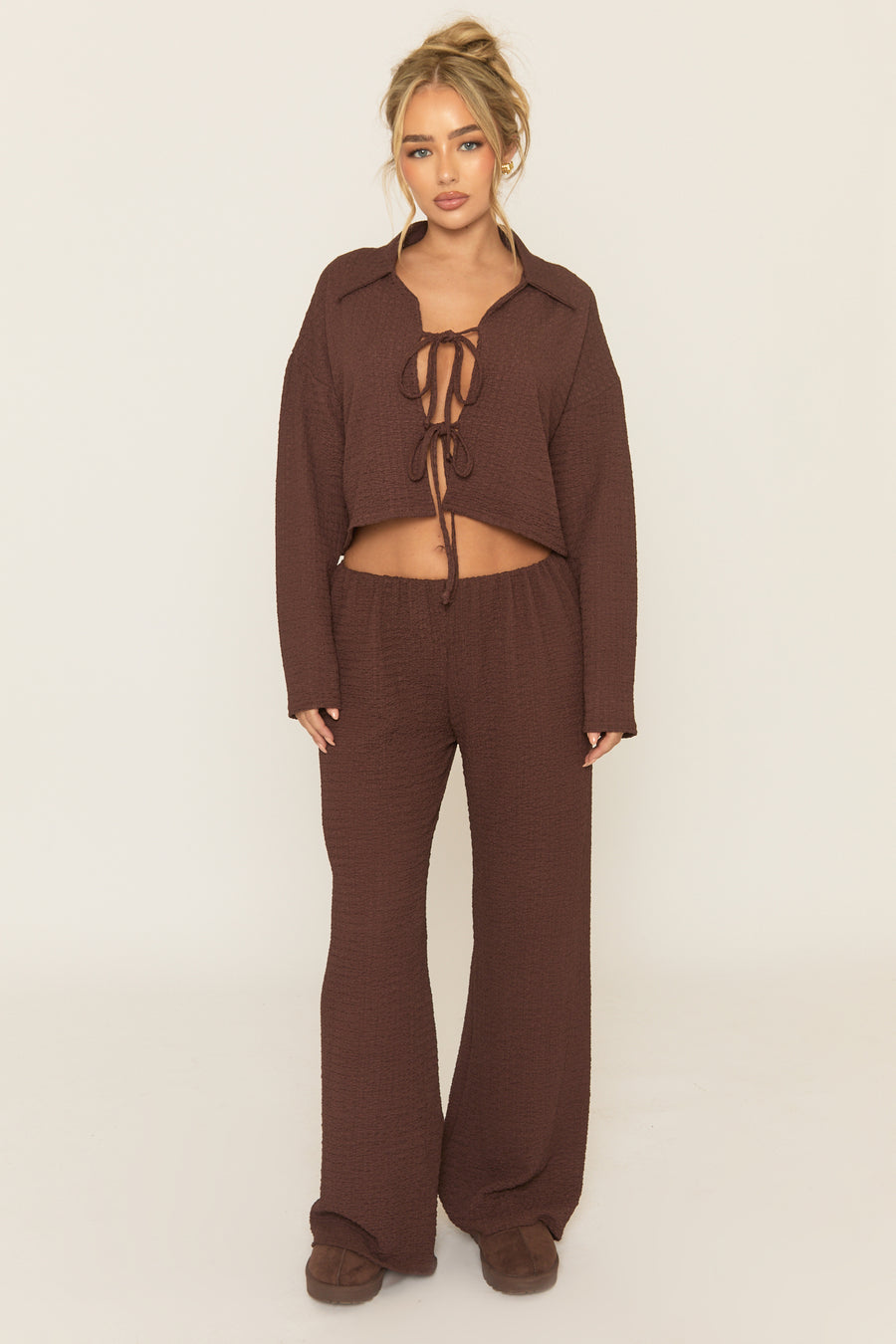 Chocolate Crinkle Tie Front Top and Wide Leg Trouser Co-Ord - Aveena