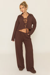 Chocolate Crinkle Tie Front Top and Wide Leg Trouser Co-Ord - Aveena