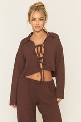 Chocolate Crinkle Tie Front Top and Wide Leg Trouser Co-Ord - Aveena