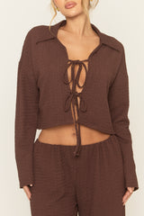 Chocolate Crinkle Tie Front Top and Wide Leg Trouser Co-Ord - Aveena