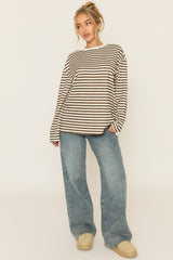 Brown Stripe Long Sleeve Crew Neck Top - Sabira