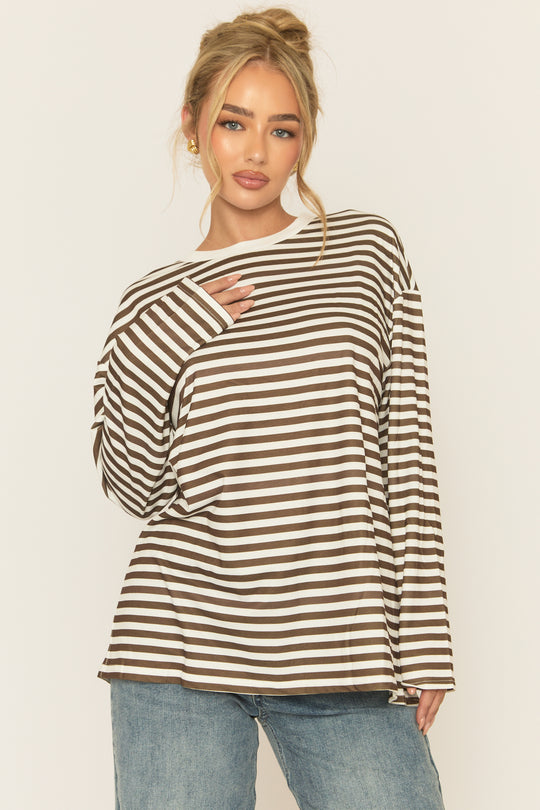 Brown Stripe Long Sleeve Crew Neck Top - Sabira