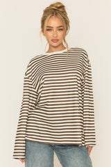 Brown Stripe Long Sleeve Crew Neck Top - Sabira