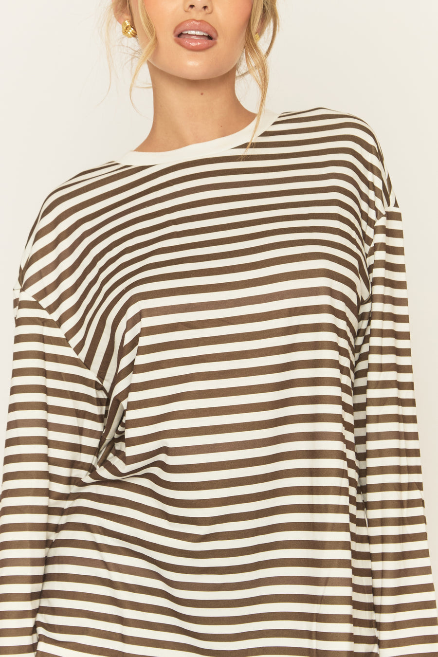 Brown Stripe Long Sleeve Crew Neck Top - Sabira
