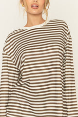 Brown Stripe Long Sleeve Crew Neck Top - Sabira