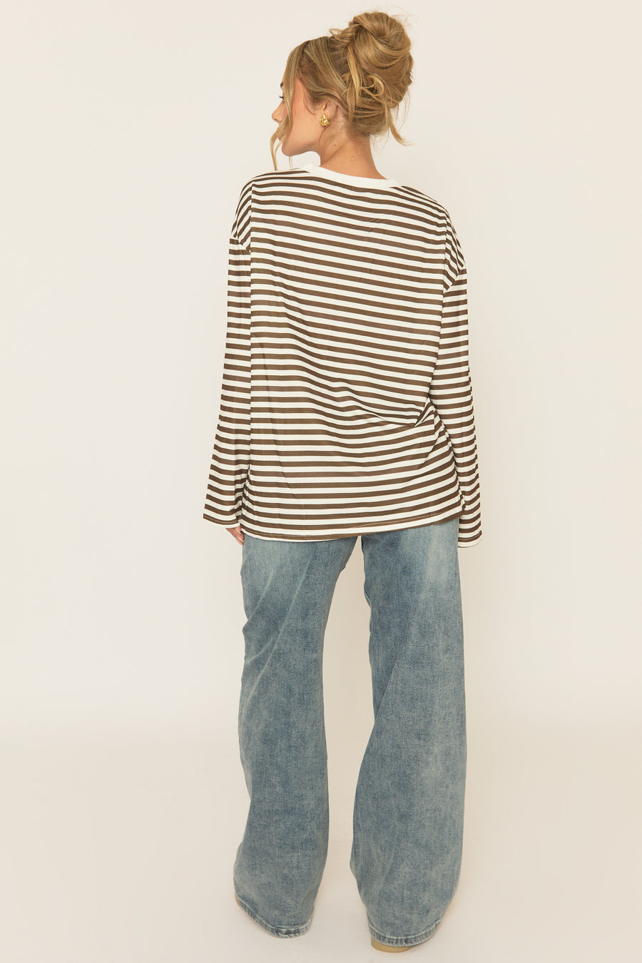 Brown Stripe Long Sleeve Crew Neck Top - Sabira