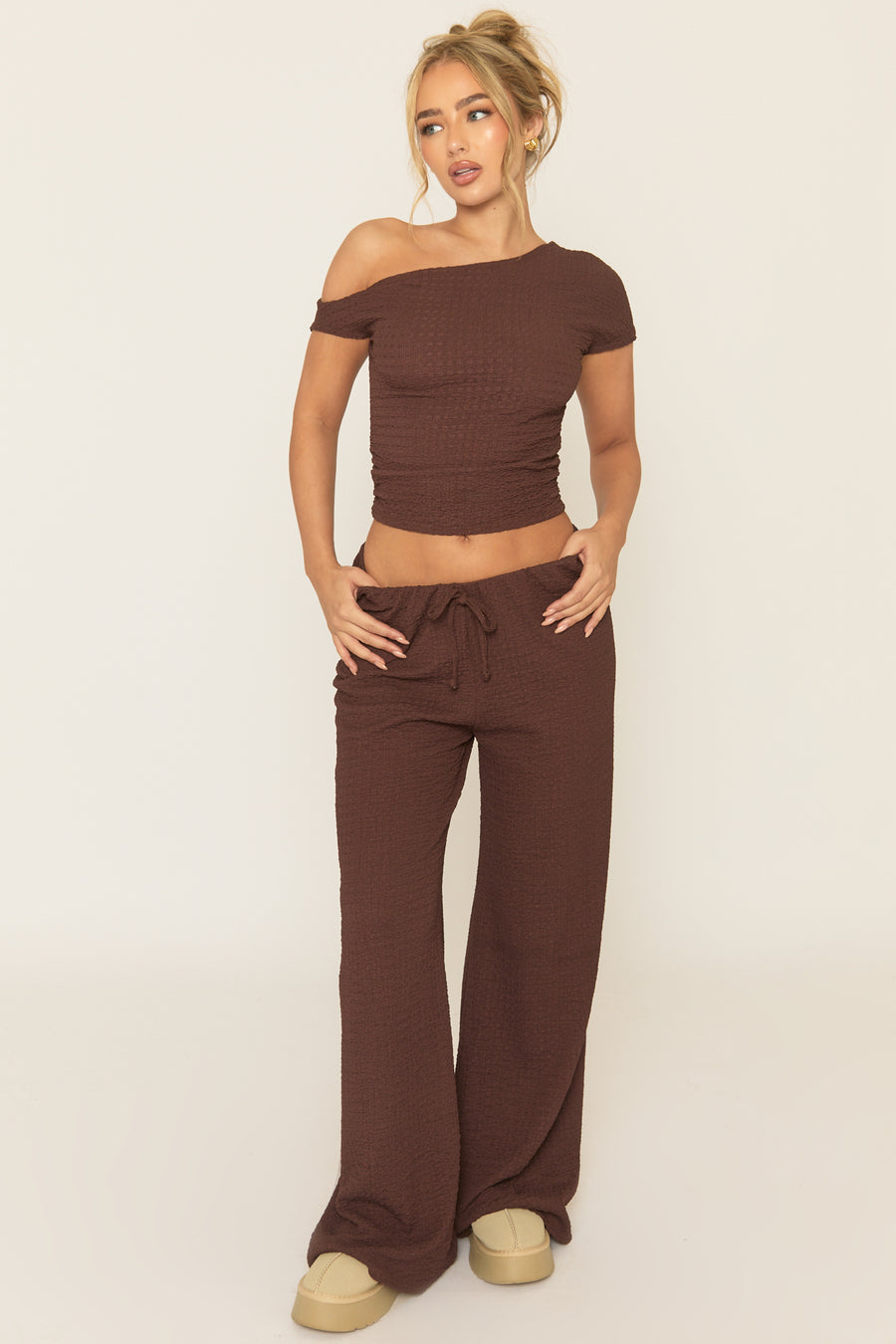 Chocolate Crinkle Asymmetric Top and Drawstring Trouser Co-ord - Seeha