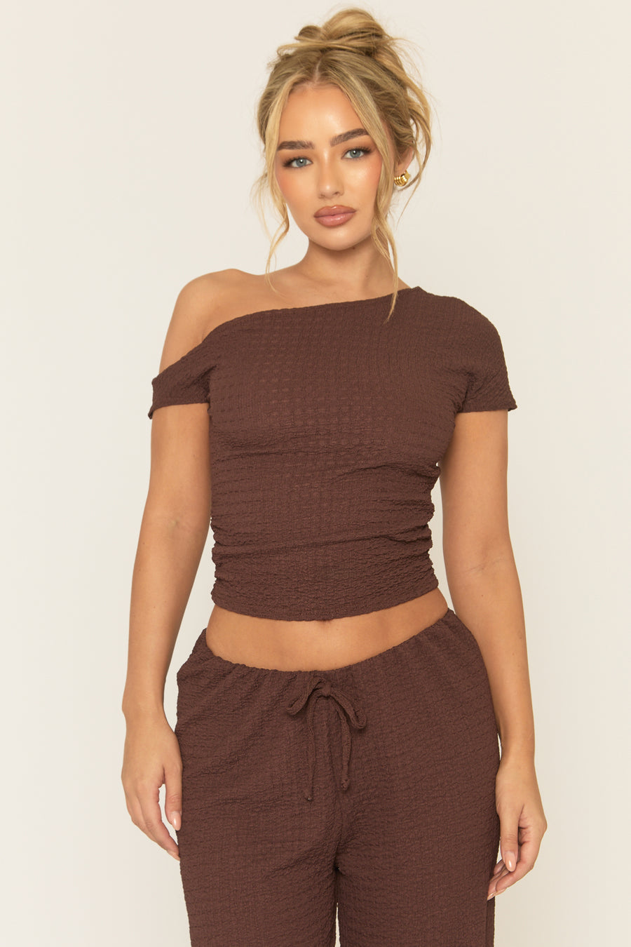 Chocolate Crinkle Asymmetric Top and Drawstring Trouser Co-ord - Seeha