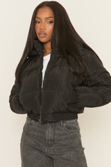 Black Hooded Zip Through Crop Puffer Jacket - Careen