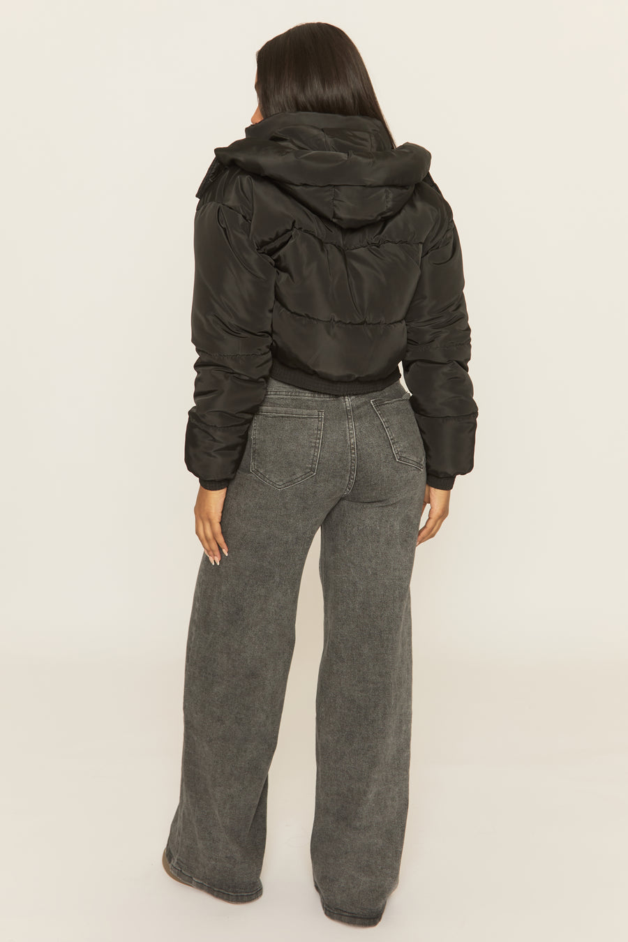 Black Hooded Zip Through Crop Puffer Jacket - Careen