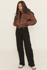 Chocolate Hooded Zip Through Crop Puffer Jacket - Careen