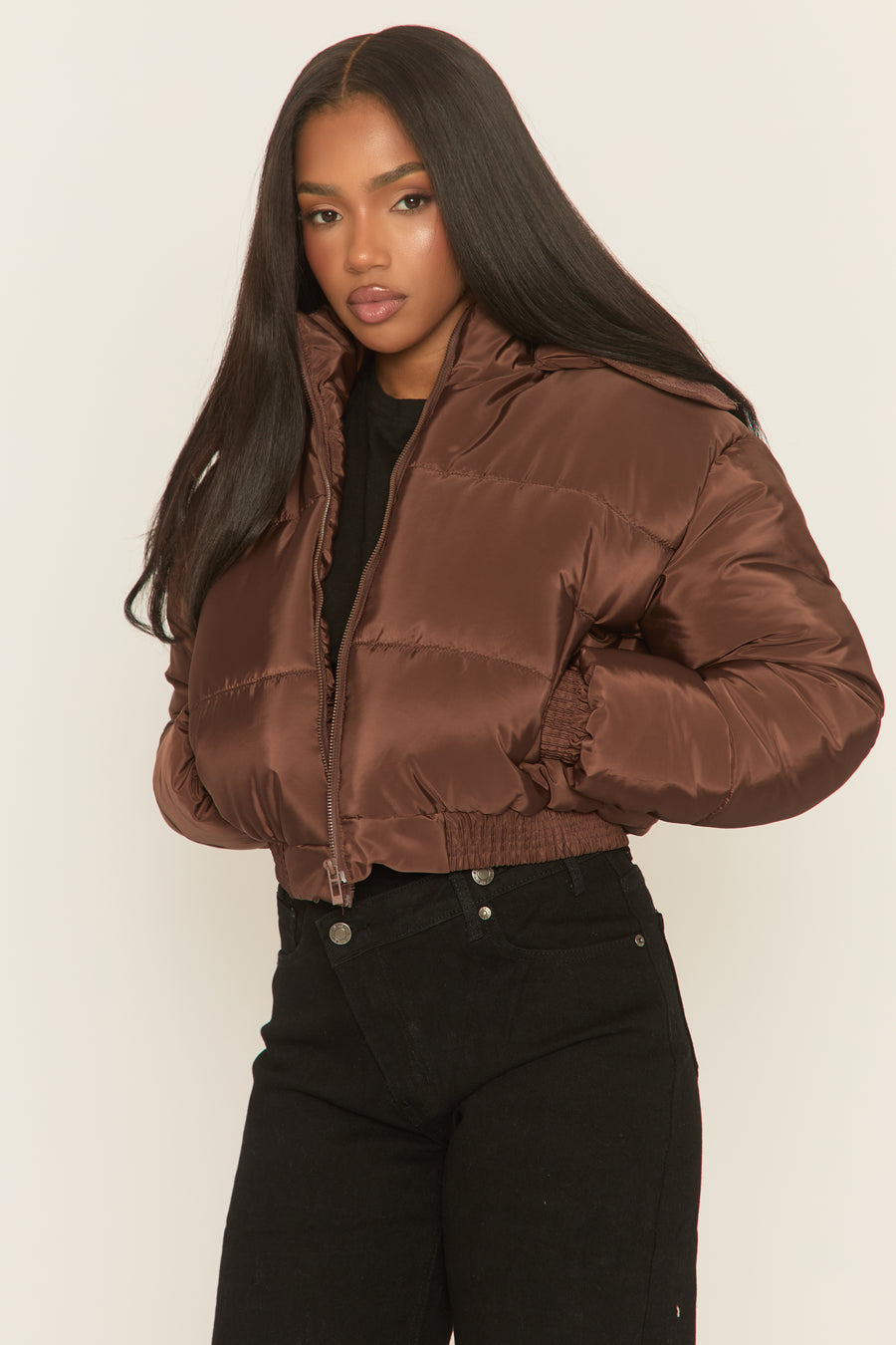 Chocolate Hooded Zip Through Crop Puffer Jacket - Careen