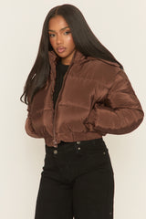 Chocolate Hooded Zip Through Crop Puffer Jacket - Careen