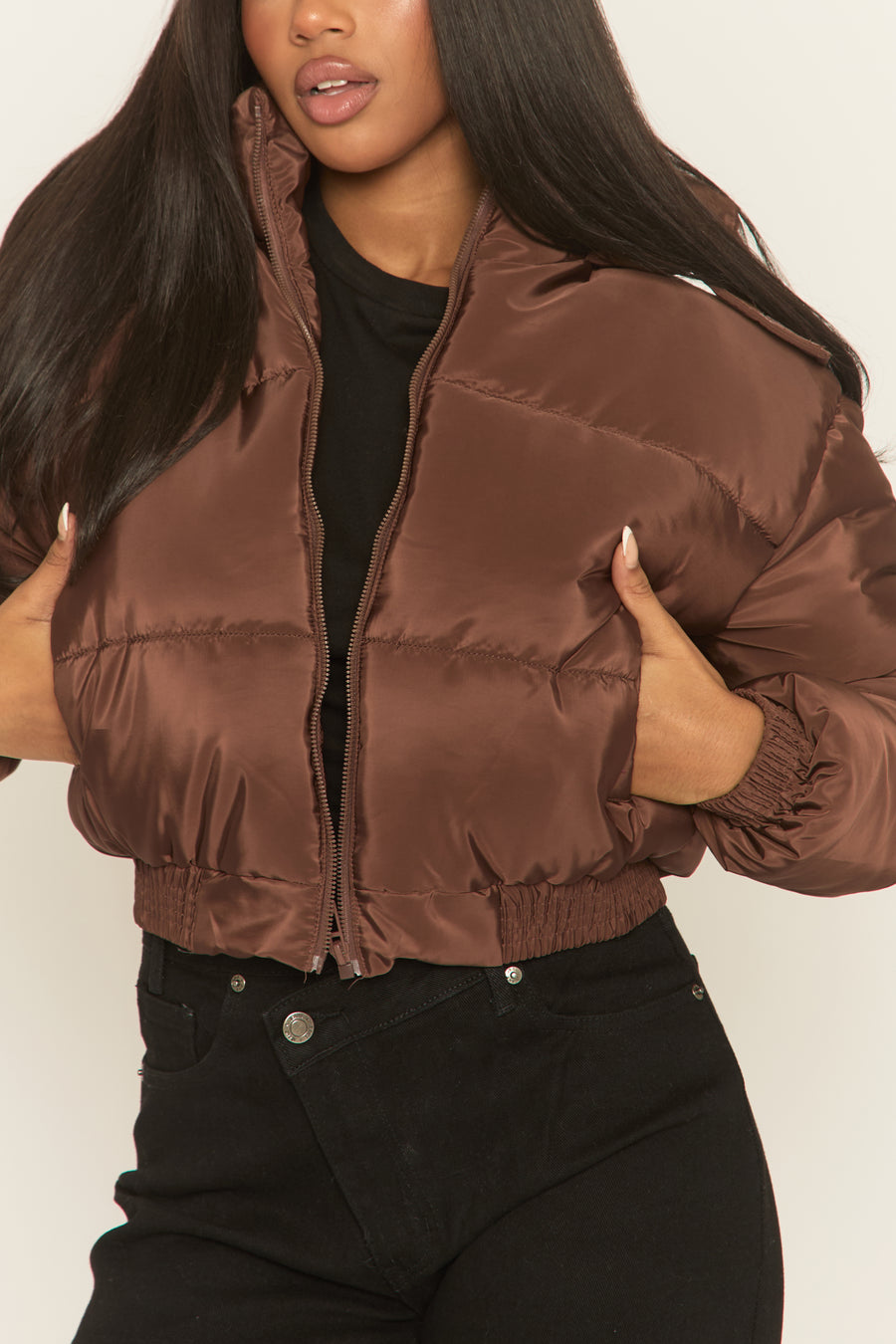 Chocolate Hooded Zip Through Crop Puffer Jacket - Careen