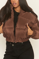 Chocolate Hooded Zip Through Crop Puffer Jacket - Careen