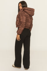 Chocolate Hooded Zip Through Crop Puffer Jacket - Careen