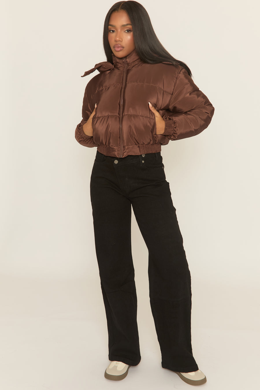 Chocolate Hooded Zip Through Crop Puffer Jacket - Careen