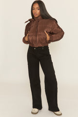 Chocolate Hooded Zip Through Crop Puffer Jacket - Careen