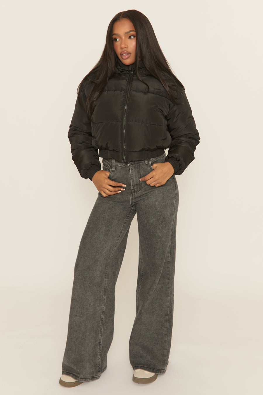 Black Hooded Zip Through Crop Puffer Jacket - Careen