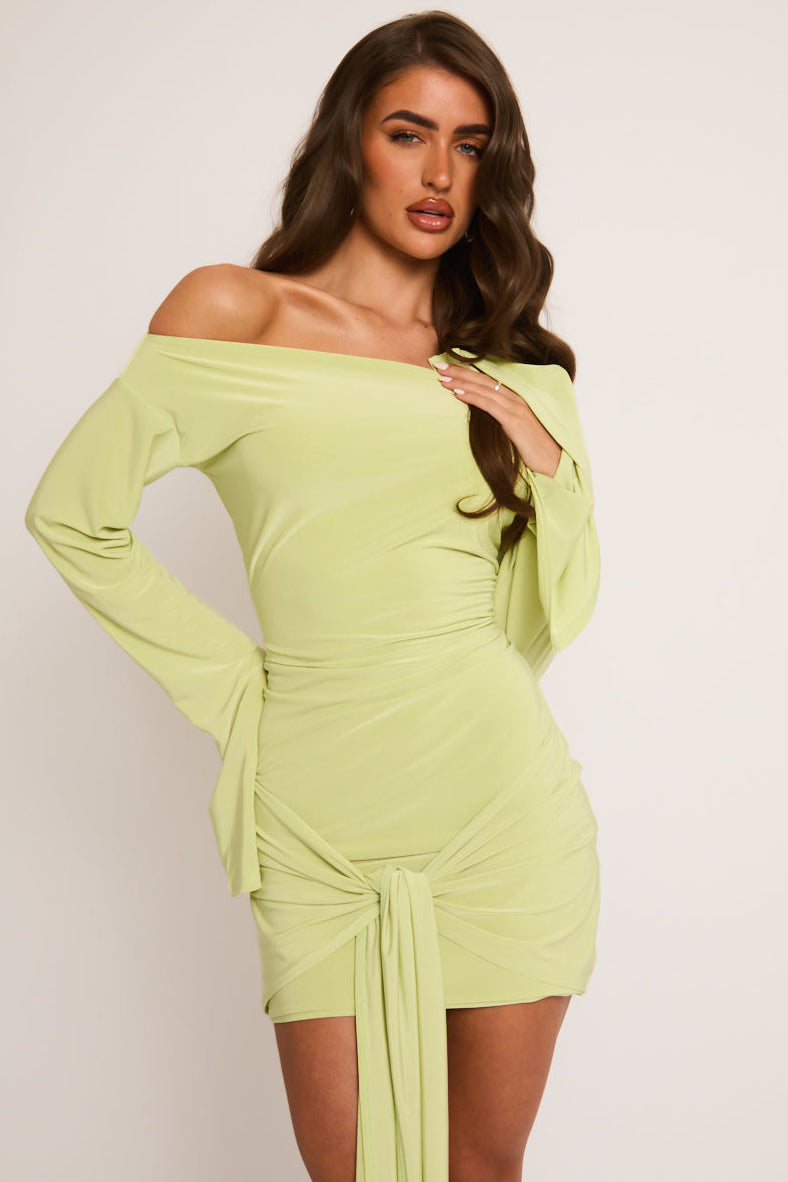Lime Long Flared Sleeves Drape Detail Bodycon Mini Dress - Maya